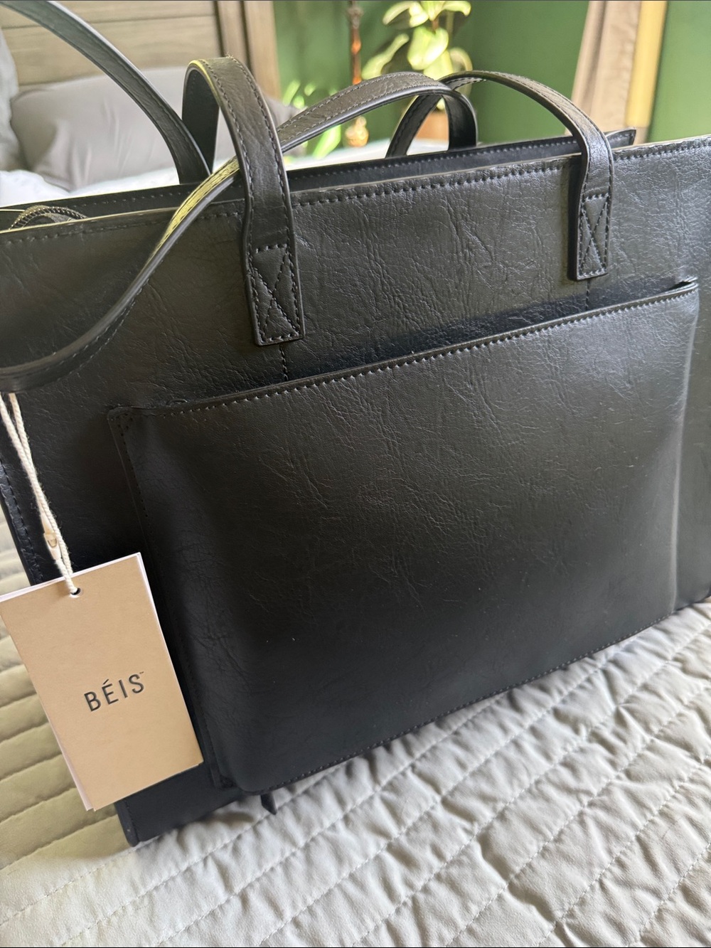 BEIS Black Structured Tote with Front Pocket